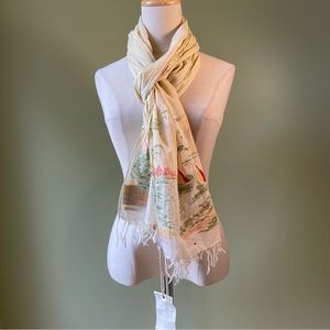 NWT! Scotch & Soda Women’s 75”X 23” Cream Beach Scene Fringed Rectangular Scarf